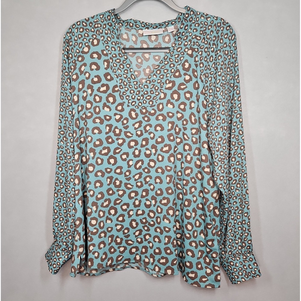 Belle By Kim Gravel Womens Green Leopard Print V Neck Blouse Size Large